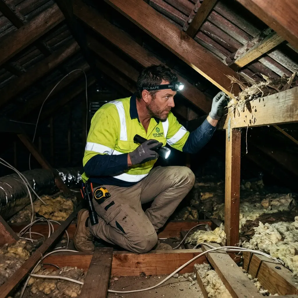 Technician inspecting a Harkaway roof cavity for a dead possum