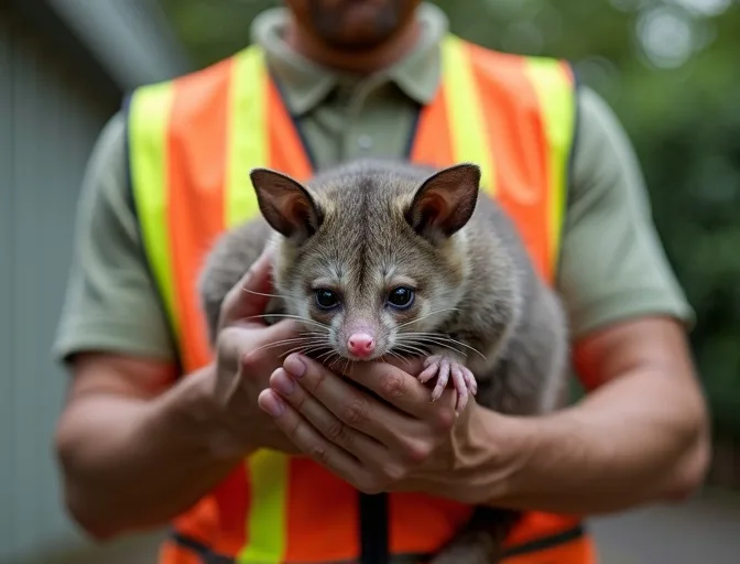Animal handler safely recovering a deceased possum in Harkaway