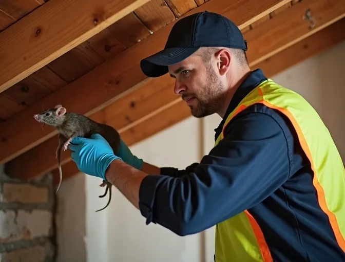 Technician inspecting a roof cavity for a dead rat in Harkaway